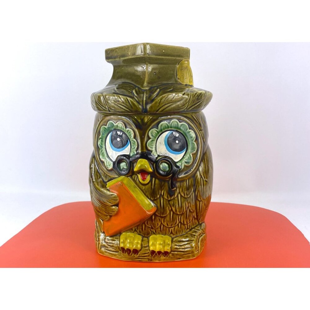 Vintage 1960s cookie jar, avocado green wise Owl, ceramic countertop storage
